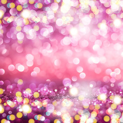Wall Mural - Pink festive background, realistic photo holiday style. Template with glitter sparkle, bokeh effect for design greeting card, poster, flyer, social media, cover, backdrop, wallpaper, banner.