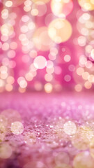 Wall Mural - Pink festive background, realistic photo holiday style. Template with glitter sparkle, bokeh effect for design greeting card, poster, flyer, social media, cover, backdrop, wallpaper, banner.