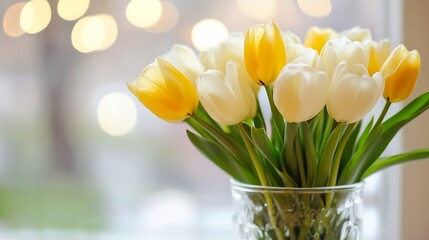 Aufkleber - Charming bouquet of white and yellow tulips on a soft blurred background filling the scene with warmth and beauty : Generative AI