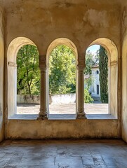 Aufkleber - Sunny View of Arched Windows in Historic Building Surrounded by Lush Green Trees : Generative AI
