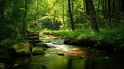Poster - Enchanting Woodland Stream Flowing Through Vibrant Green Forest Under Dappled Sunlight : Generative AI