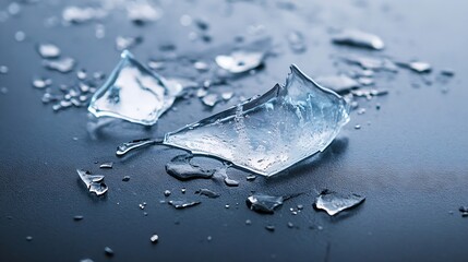Aufkleber - Shattered Glass Pieces on a Dark Surface with Water Droplets Showcasing Fragility and Depth : Generative AI