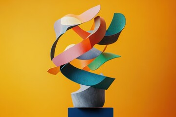 Poster - Colorful shapes dynamically moving over a sculpture on a bright orange background in a creative display, colourful shapes moving over sculpture on orange background
