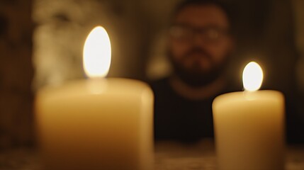 Poster - Softly Glowing Candles in Focus with Blurred Background for a Cozy Atmosphere : Generative AI