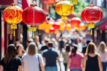 Crowded street, Chinese lanterns, vibrant city