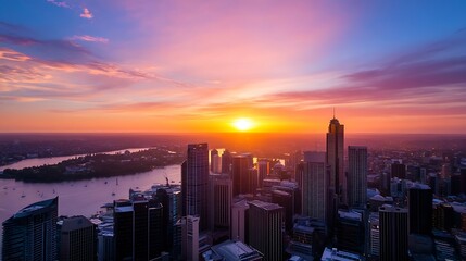 Poster - Stunning Cityscape at Sunset Over River with Skyscrapers Reflecting Golden Light : Generative AI