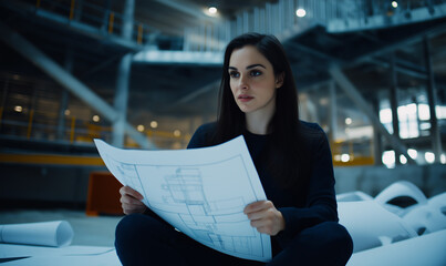 Aufkleber - focused female architect reviews blueprints in modern industrial setting