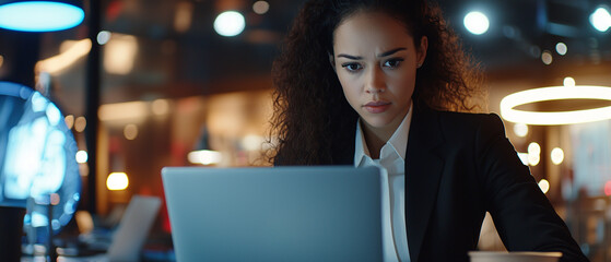 Poster - focused businesswoman working on laptop in modern coworking space