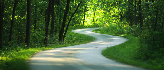 Poster - winding road through lush green forest with sunlight filtering through