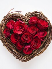 Aufkleber - Beautiful Red Roses Heart Arrangement with Natural Twigs for Love : Generative AI