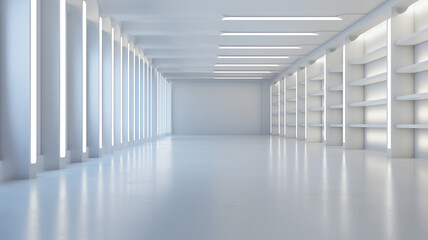 Poster - sleek, minimalistic warehouse with organized shelves and bright lighting