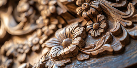 Poster - Intricate close up of detailed wood carving with floral patterns
