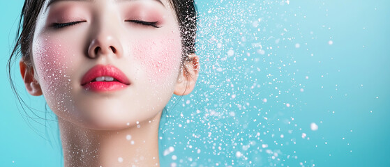 Poster - serene woman with closed eyes and makeup powder splash on blue background