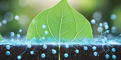Poster - vibrant green leaf with visible stomata and glowing particles illustrates plant respiration