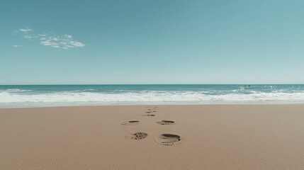 Poster - Footprints in sand lead to ocean under clear blue sky