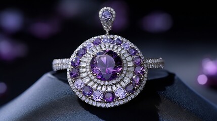 Poster - Elegant Amethyst Ring with Sparkling Diamonds on a Dark Background : Generative AI