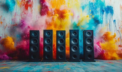 an array of black speakers positioned against a colorful, dynamic backdrop