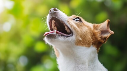 Aufkleber - Happy Dog Smiling Under Bright Sunlight Surrounded by Lush Green Background : Generative AI