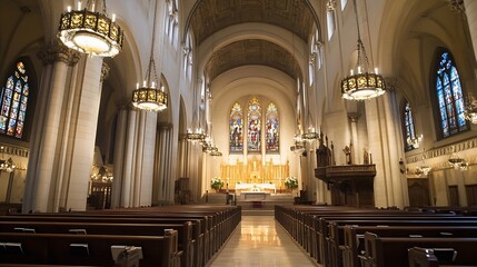 Aufkleber - Stunning Interior View of a Grand Church with Stained Glass Windows and Wooden Pews : Generative AI