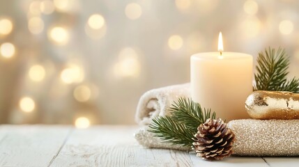 Poster - Warm Festive Candle and Natural Decor for Cozy Christmas Vibes with Ornament and Pinecone : Generative AI