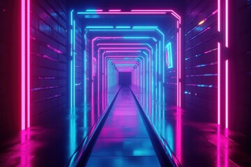 Poster - Futuristic low poly corridor with vibrant neon communication lights at night, Abstract futuristic communication neon low poly motion background