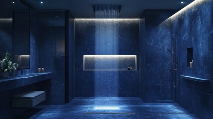 navy blue bathroom with a luxurious rain shower, marble accents, and soft lighting creating a cozy a