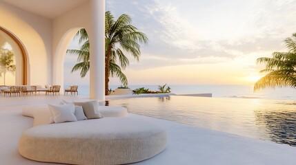 Wall Mural - Luxury Tropical Villa with Infinity Pool and Beautiful Sunset View Over the Ocean : Generative AI