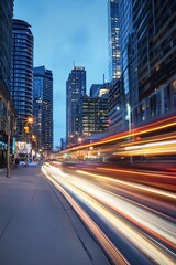 Poster - Vibrant Cityscape at Dusk with Streaks of Light from Traffic and Tall Buildings Against the Evening Sky : Generative AI