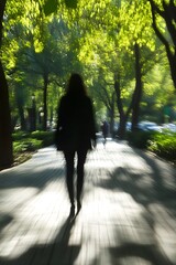 Poster - Silhouette of a woman walking through a sunlit forest path surrounded by vibrant green trees and foliage : Generative AI