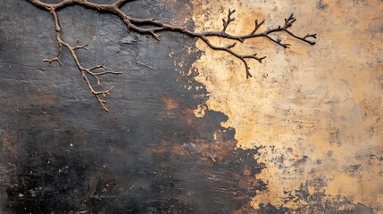 Aufkleber - Artistic Abstract Wall Design with Natural Branch Against Textured Background : Generative AI