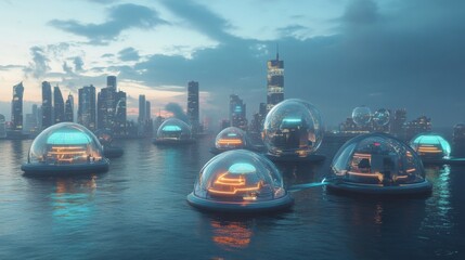 Poster - Deep-sea futuristic city with bubble domes and floating neon structures.