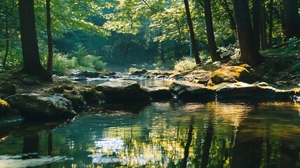 Poster - Tranquil Forest Stream Reflecting Nature's Serenity and Vibrancy in a Lush Landscape : Generative AI
