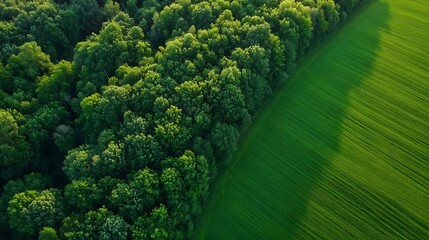 Poster - Aerial view of lush green forest edges surrounding a vibrant field landscape : Generative AI