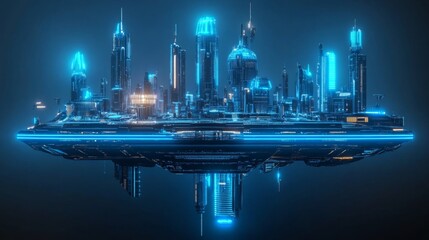 Poster - Floating futuristic city in a utopian world with blue neon accents.