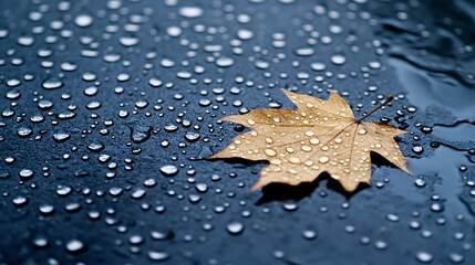 Aufkleber - Autumn leaf on wet ground with raindrops creating a serene natural scene : Generative AI