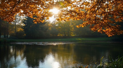 Aufkleber - Golden autumn leaves framing a tranquil pond with sun shining through branches : Generative AI