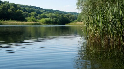 Poster - Tranquil river view with lush greenery and calm waters reflecting the blue sky and natural surroundings : Generative AI