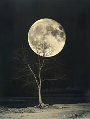 Poster - Majestic Full Moon Above Leafless Tree and Water at Night in Black and White : Generative AI