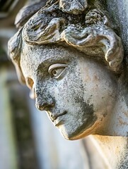 Poster - Close Up of An Ancient Marble Sculpture Representing a Serene Female Face with Detailed Features : Generative AI
