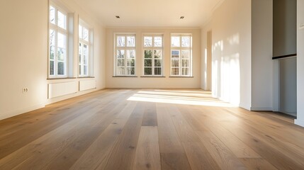 Poster - bright and airy empty room with large windows showcasing natural light on wooden flooring : generati