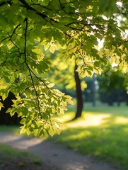 Poster - Sunlight Filtering Through Fresh Green Leaves on Tree Branch in Lush Park : Generative AI