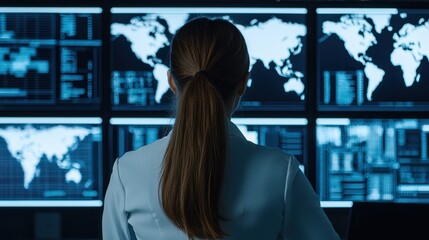 Poster - remote work telecommuting digital trends concept. a woman in a sleek outfit observes data on multipl