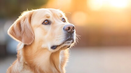 Aufkleber - Golden retriever portrait with soft sunlight haloing its face in a warm setting : Generative AI