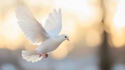 Poster - Elegant White Dove in Flight with Soft Bokeh Background : Generative AI