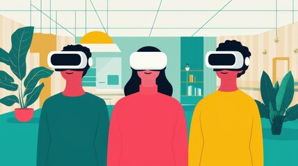 Poster - Remote work telecommuting digital trends concept. Three individuals wearing VR headsets in a vibrant, modern space filled with plants, showcasing virtual reality technology in a social setting.