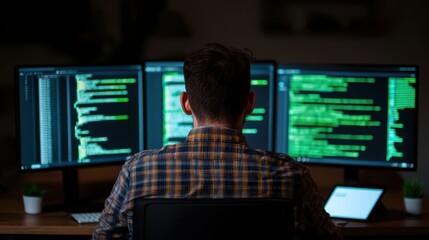 Poster - remote work telecommuting digital trends concept. a person is focused on coding at multiple computer