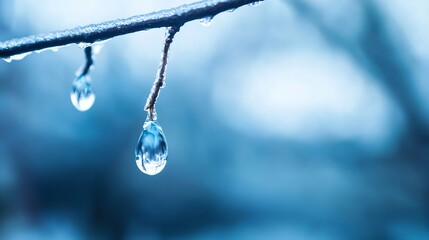 Poster - Close-Up of Water Droplets on a Frosty Tree Branch Reflecting Nature's Beauty : Generative AI