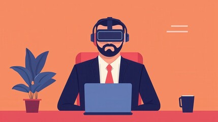 Poster - Remote work telecommuting digital trends concept. A professional man wearing a VR headset sits at a desk with a laptop, plant, and coffee cup against a colorful backdrop.