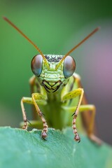 Poster - Detailed Close-Up of a Vibrant Green Grasshopper on Leaf in Natural Environment : Generative AI