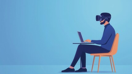 Poster - Remote work telecommuting digital trends concept. A man wearing a virtual reality headset works on a laptop while sitting on a chair against a light blue background.